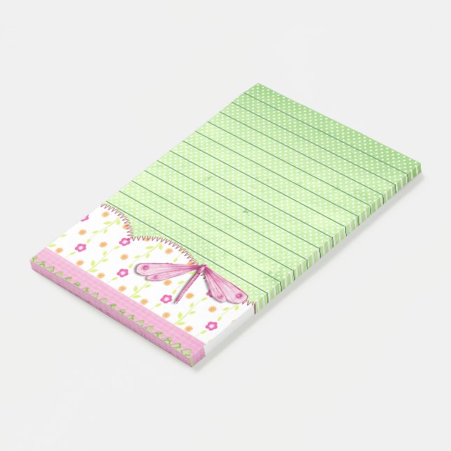 Pretty Pink and Green Floral with Dragonfly Post-it Notes (Angled)
