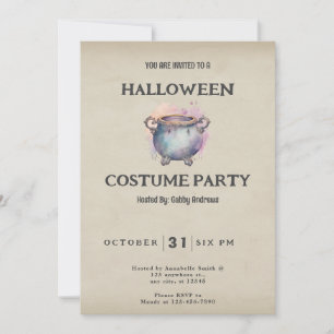 Pretty Pink and Grey Cauldron Vintage Halloween Invitation