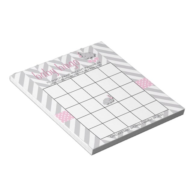 Pretty Pink and Grey Elephant Baby Shower Bingo Notepad (Angled)