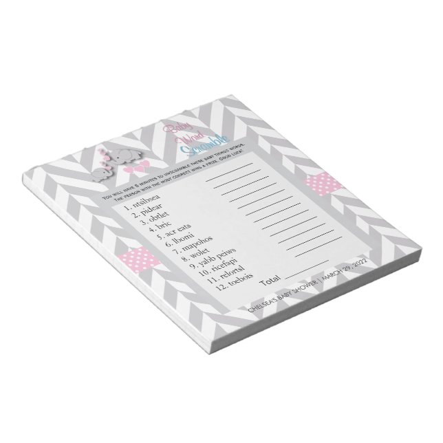 Pretty Pink and Grey Elephant Baby Shower Scramble Notepad (Angled)