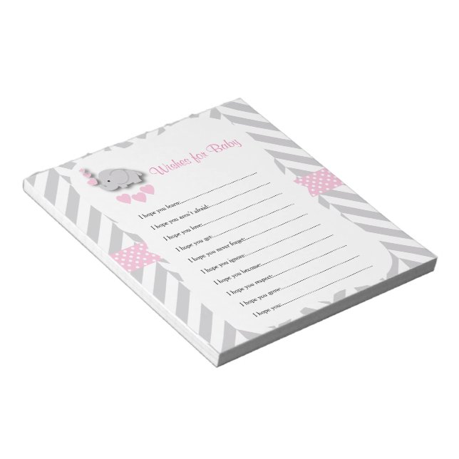 Pretty Pink and Grey Elephant Baby Wishes Notepad (Angled)