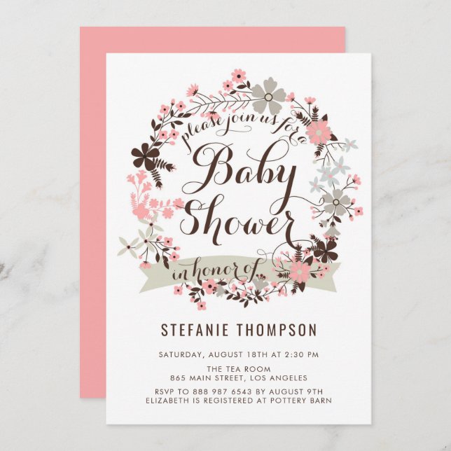 Pretty Pink and Grey Floral Wreath Baby Shower Invitation (Front/Back)