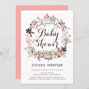Pretty Pink and Grey Floral Wreath Baby Shower Invitation
