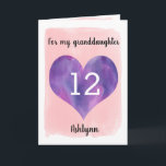 Pretty Pink and Purple 12th Birthday Granddaughter Card<br><div class="desc">A personalized pink and purple 12th birthday card for granddaughter that features watercolor heart against pink water color. You can personalize the heart with the age you need and add her name underneath the heart. The inside message can be easily edited if wanted. The back of the card says Happy...</div>