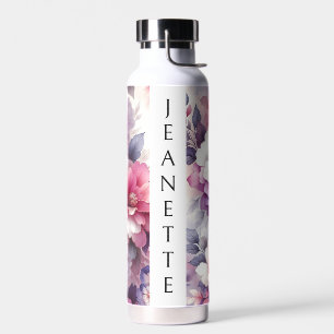Pretty Pink and Purple Floral Personalised Water Bottle