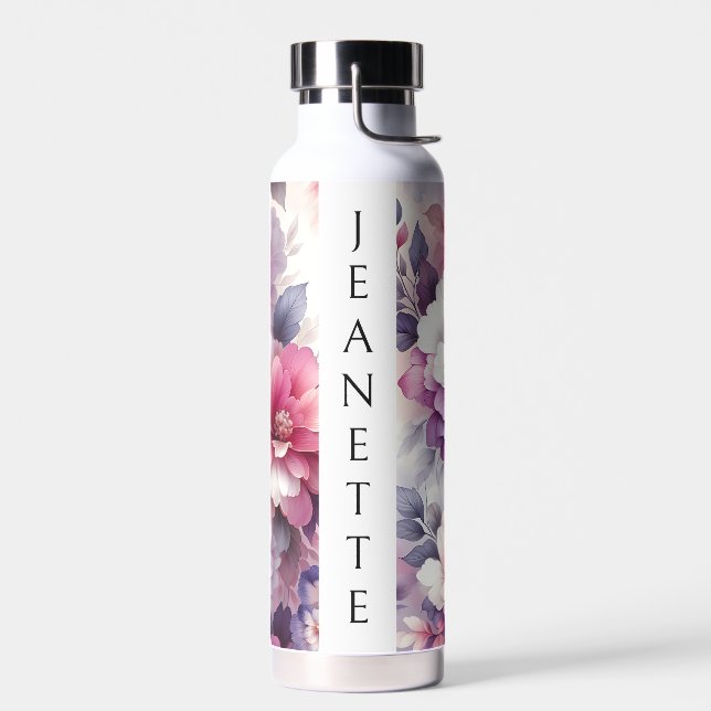 Pretty Pink and Purple Floral Personalised Water Bottle (Left)