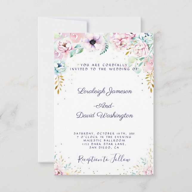 Pretty Pink and purple floral wedding Invitation (Front)