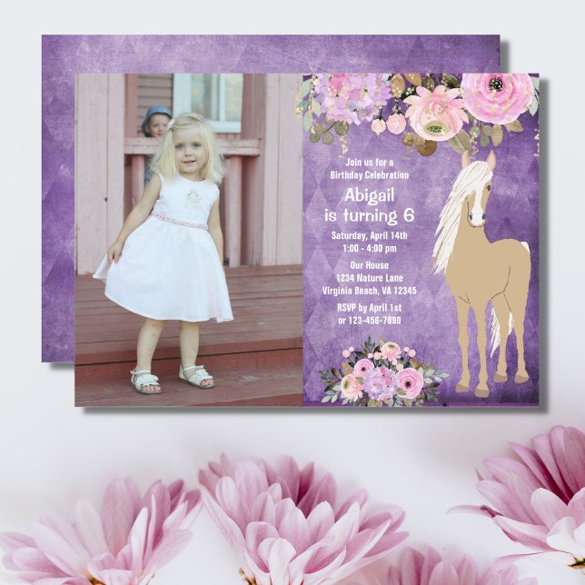 Pretty Pink and Purple Flower Photo Horse Birthday Invitation (Creator Uploaded)