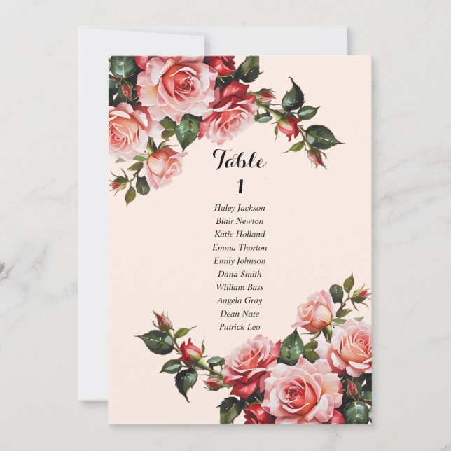 Pretty pink and red roses seating chart card (Front)