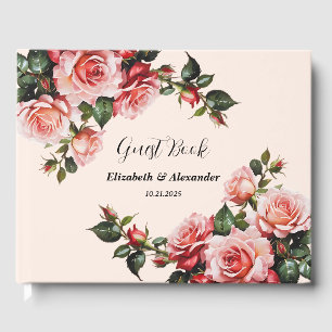 Pretty pink and red roses wedding guest book