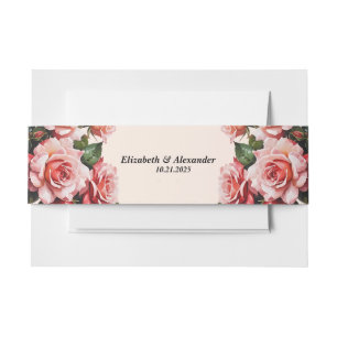 Pretty pink and red roses wedding invitation belly band