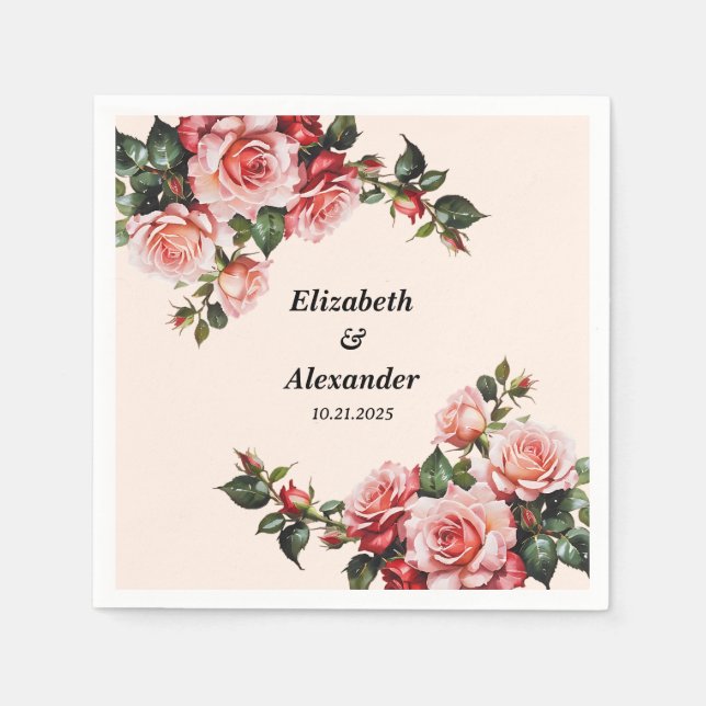 Pretty pink and red roses wedding napkin (Front)