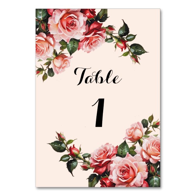 Pretty pink and red roses wedding table number (Front)