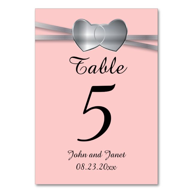 Pretty Pink and Silver Wedding Love Hearts Table Number (Front)