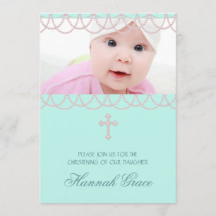 Pretty Pink and Teal Blue Photo Christening Invitation