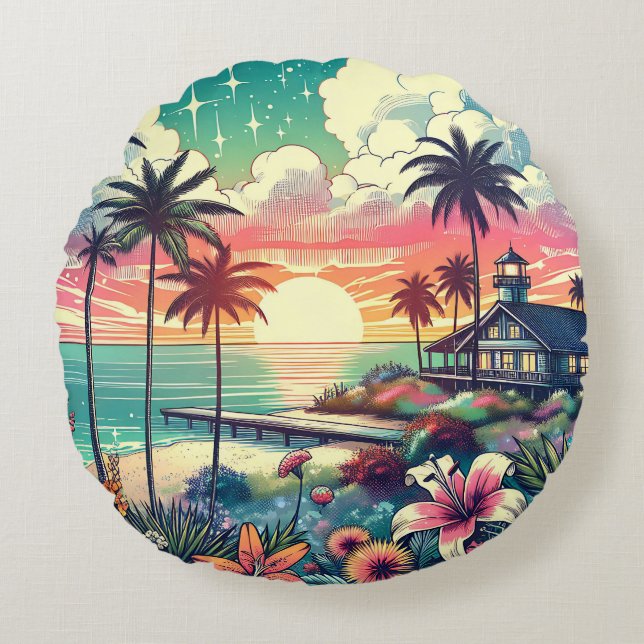 Pretty Pink and Turquoise Coastal  Round Cushion (Front)