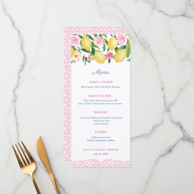 Pretty Pink And White Citrus Bridal Shower Menu (Front/Back In Situ)