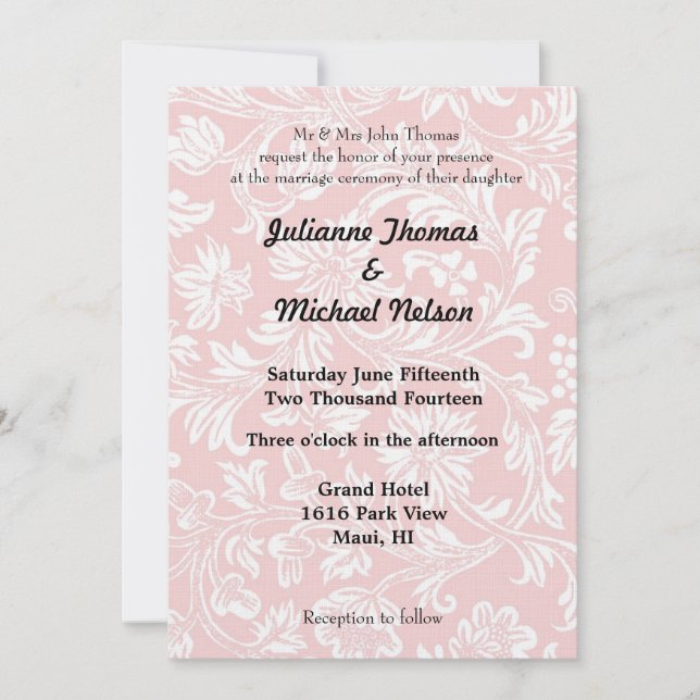 Pretty Pink and White Damask Wedding Invitation (Front)