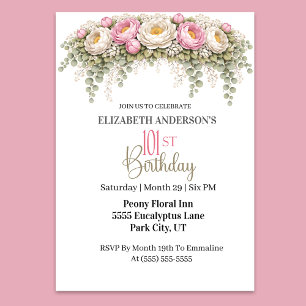 Pretty Pink and White Peony 101st Birthday Invitation