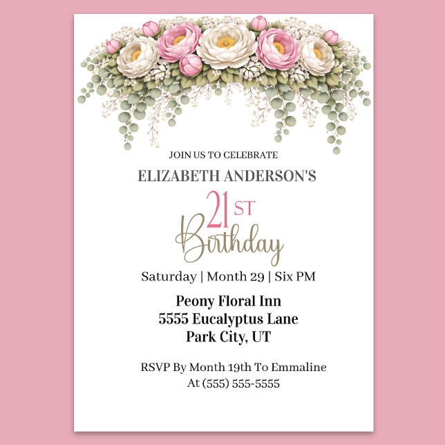 Pretty Pink and White Peony 21st Birthday Invitation (Elegant pink peony and eucalyptus floral 21st birthday invitation)