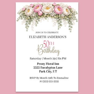 Pretty Pink and White Peony 50th Birthday Invitation