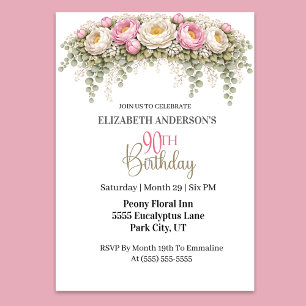 Pretty Pink and White Peony 90th Birthday Invitation