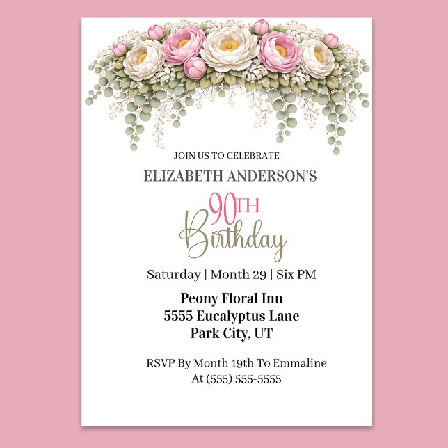 Pretty Pink and White Peony 90th Birthday Invitation (Elegant pink and ivory peony floral 90th birthday invitation)