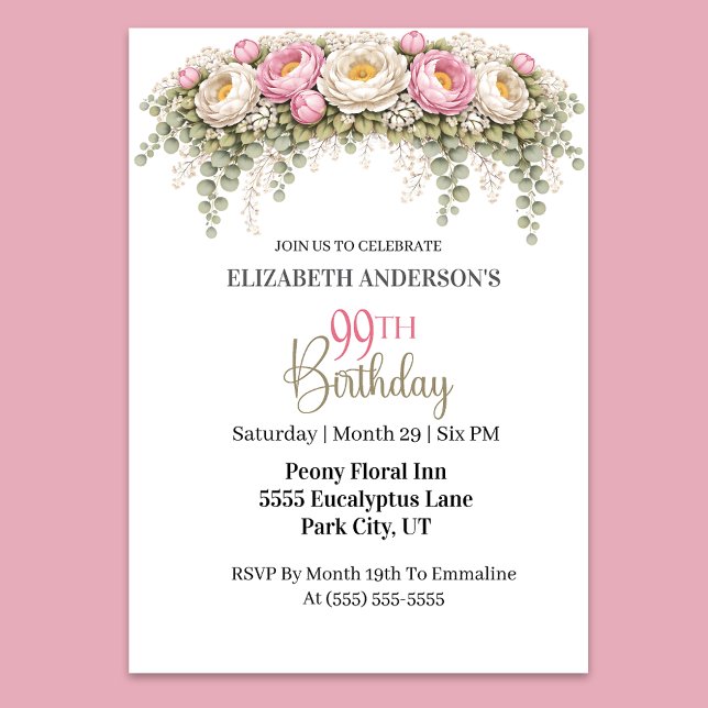 Pretty Pink and White Peony 99th Birthday Invitation (Elegant pink and white peony floral 99th birthday invitation)