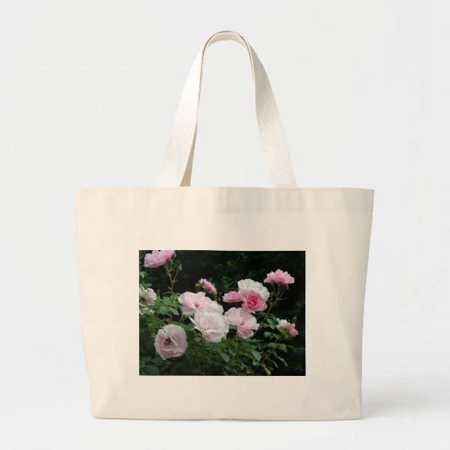 pretty pink and white rose flower bushes. Floral, Large Tote Bag (Front)