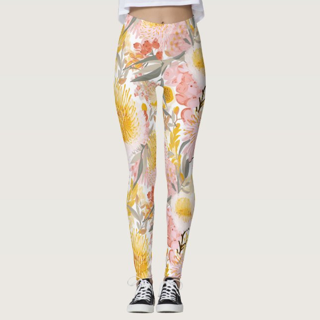 Pretty pink and yellow floral pattern leggings (Front)