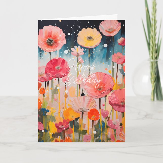 Pretty Pink And Yellow Flowers Folded Card (Front)