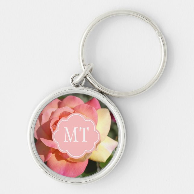 Pretty  pink and yellow rose flower, custom key ring (Front)