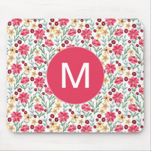 Pretty Pink and Yellow Vintage Floral Monogram Mouse Pad