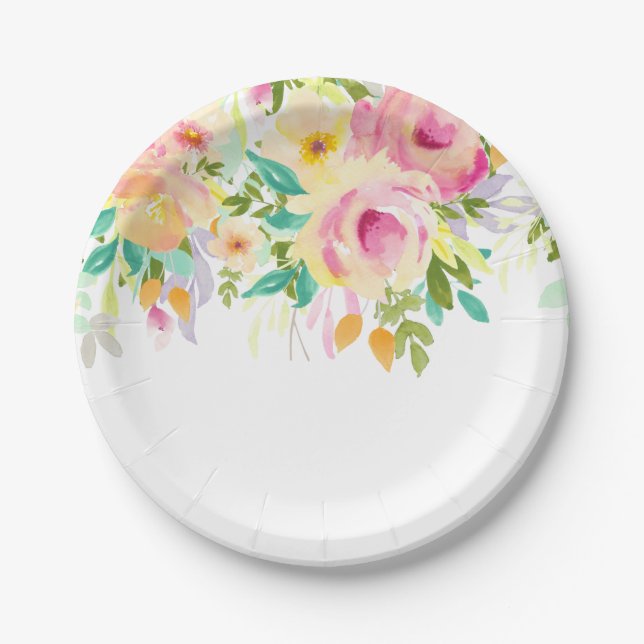 Pretty Pink and Yellow Watercolor Floral Paper Plate (Front)