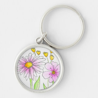 Pretty Pink and Yellow Watercolor Flowers Key Ring