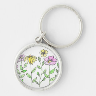 Pretty Pink and Yellow Watercolor Flowers Key Ring