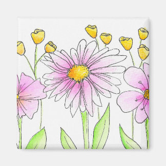 Pretty Pink and Yellow Watercolor Flowers Magnet