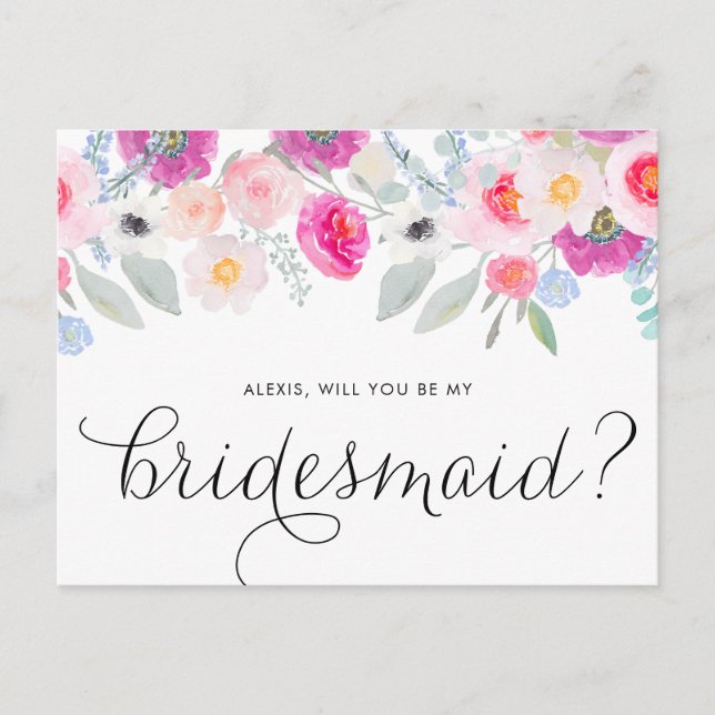 Pretty Pink Anemones Will You Be My Bridesmaid Invitation Postcard (Front)