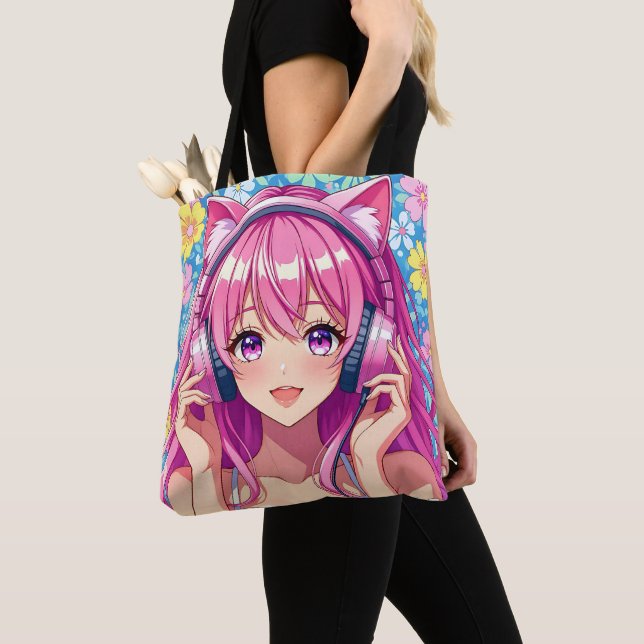 Pretty Pink Anime Girl in Headphones Tote Bag (Close Up)