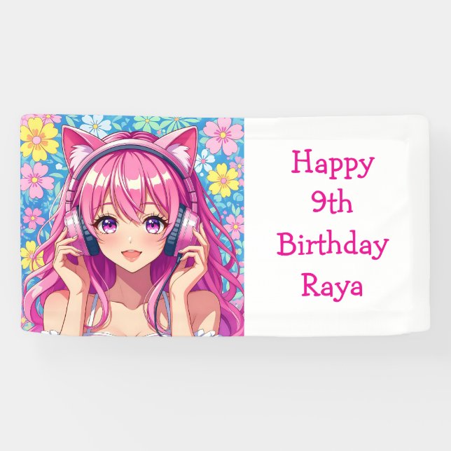 Pretty Pink Anime Girl's Birthday Party Banner (Horizontal)