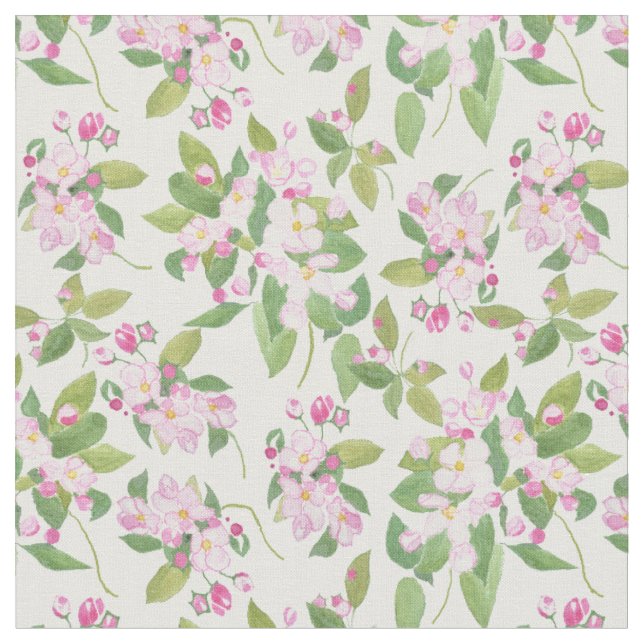 Pretty Pink Apple Blossom on White Background Fabric (Close Up)