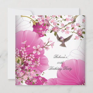 Pretty Pink Asian Blossom Bird Birthday Party Invitation