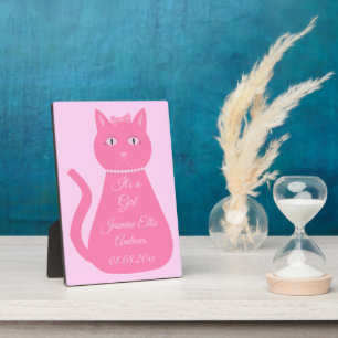 Pretty Pink Baby Girl Cat Birth Announcement Plaque