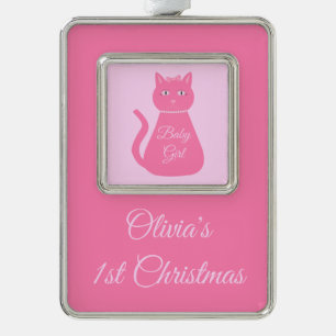 Pretty Pink Baby Girl Cat Custom 1st Christmas Silver Plated Framed Ornament
