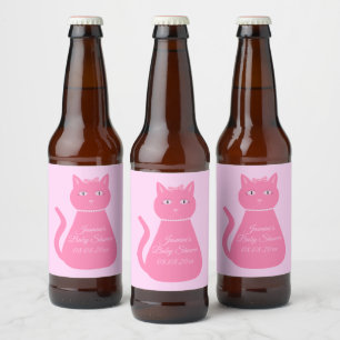 Pretty Pink Baby Girl Cat Custom Baby Shower Beer Bottle Label