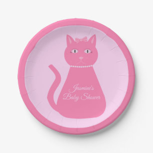 Pretty Pink Baby Girl Cat Custom Baby Shower Paper Plate