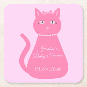 Pretty Pink Baby Girl Cat Custom Baby Shower Square Paper Coaster