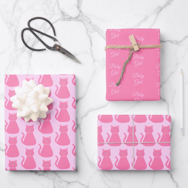 Pretty Pink Baby Girl Cat Custom Baby Shower Wrapping Paper Sheet (Front)