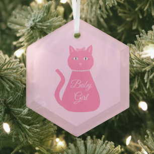Pretty Pink Baby Girl Cat Custom First Christmas Glass Tree Decoration