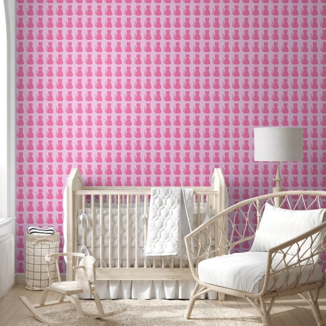Pretty Pink Baby Girl Cat Patterned Wallpaper (Kids)